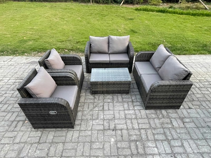Fimous Rattan Garden Furniture Set Patio Outdoor Lounge Sofa Set with 2 Reclining Chairs Rectangular Coffee Table Dark Grey Mixed