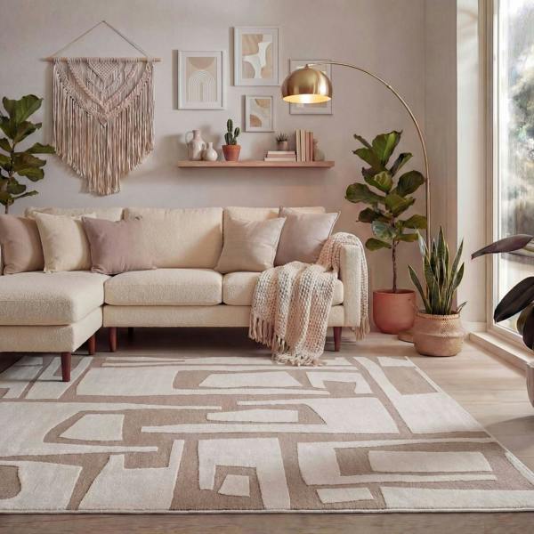 Modern living room with a beige sectional sofa, decorative rug, and plants.