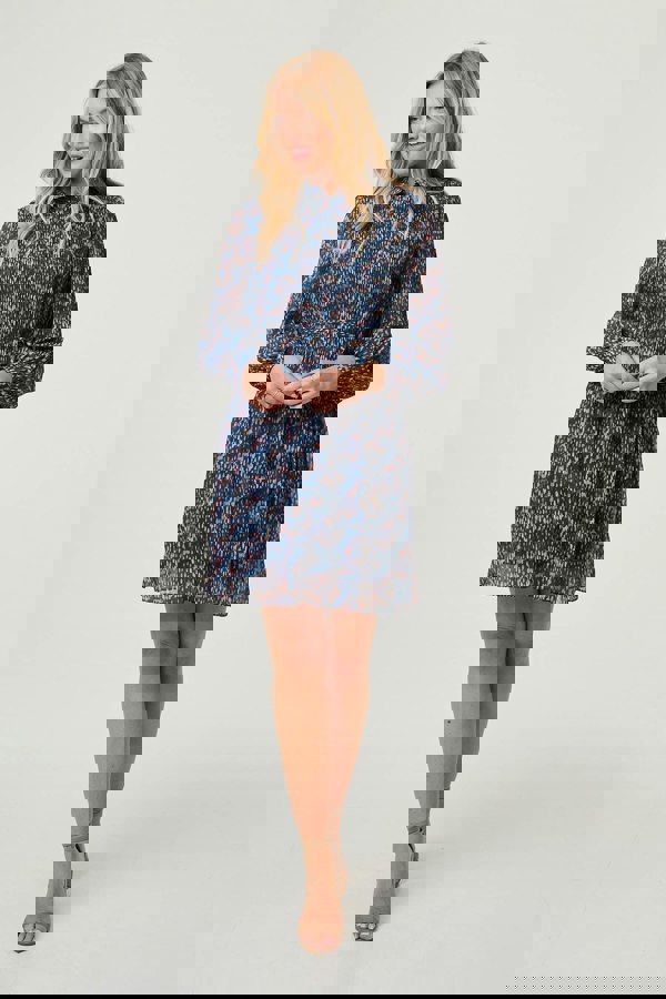 Teal | Printed Collared Short Tie Waist Dress
