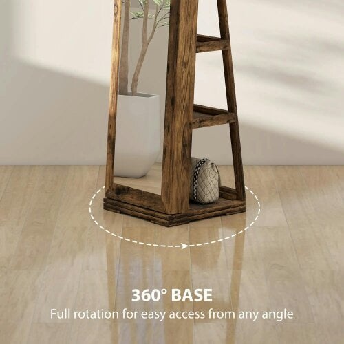 Bobobiy 360° Swivel Jewellery Cabinet, Lockable Jewellery Organiser with Built-in Makeup Mirror and Storage Shelves, Rustic Brown