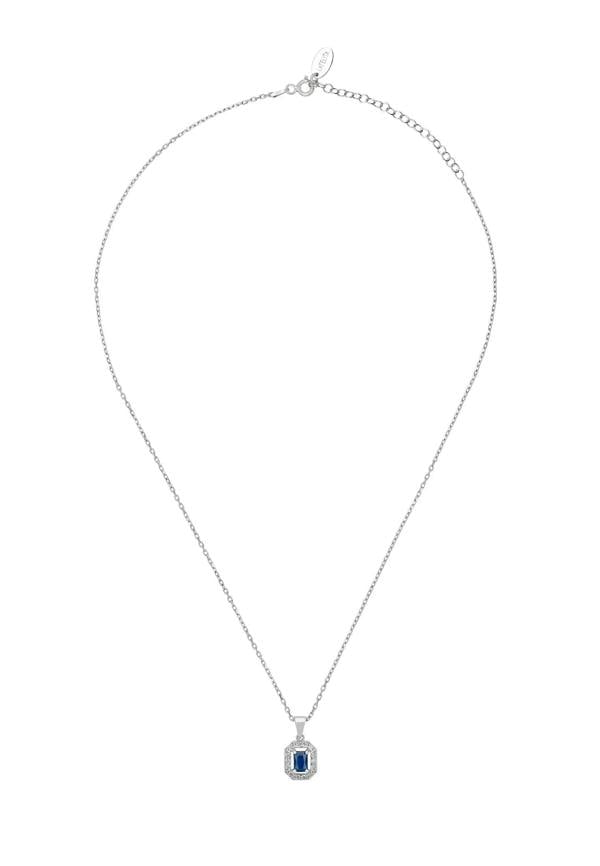 Diamond halo sapphire silver pendant necklace.