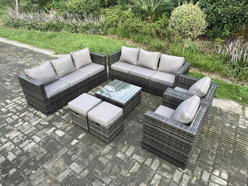 Fimous 10-Seater Dark Grey Rattan Outdoor Sofa Set | 2 Armchairs, Square Coffee Table, 2 Footstools, Side Table