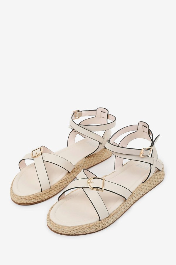 Where's That From Alora Wide Fit Cross Over Buckle Strap Sandals In Cream Faux Leather