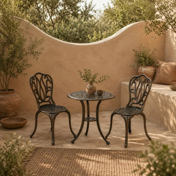 Wyld Haus Niso Aluminium Bronze Tone 3 Piece Garden Bistro Set With Umbrella Hole Table And Chairs