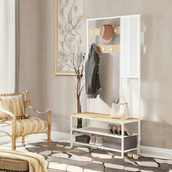 Rafaelo Mobilia Hall Tree Coat Stand With Shoe Bench and Mirror Oak