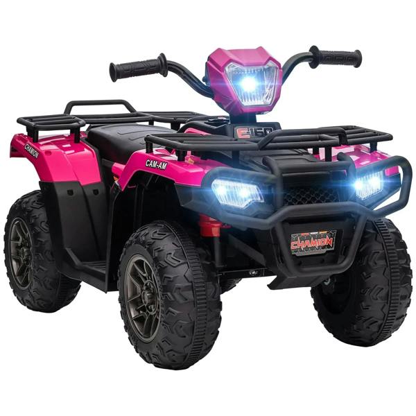 Pink 12V kids quad bike with bright LED headlights and four rugged tires
