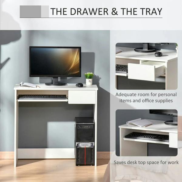 White computer desk with drawer and sliding keyboard tray under the desktop