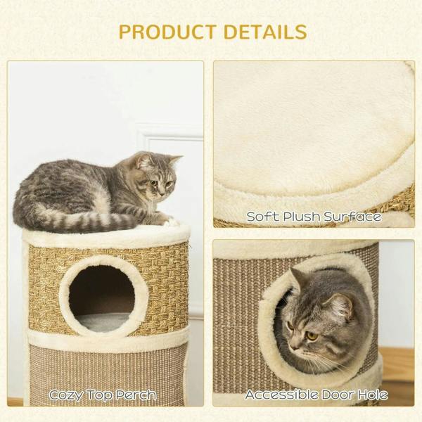 Cat scratching barrel tower with circular doorways and soft plush top