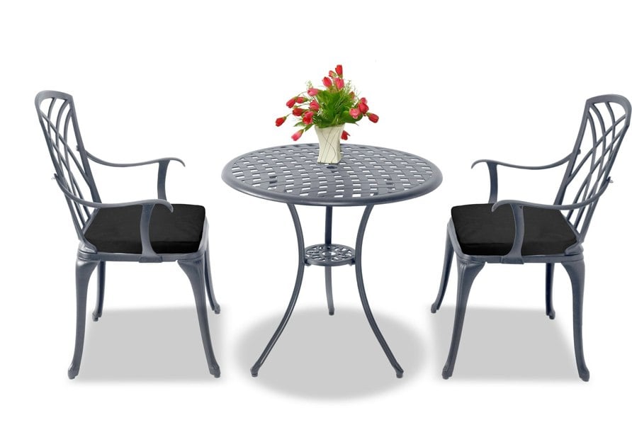 Centurion Supports OSHOWA Luxurious Garden and Patio Table and 2 Large Chairs with Armrests Cast Aluminium Bistro Set - Grey with Black Cushions