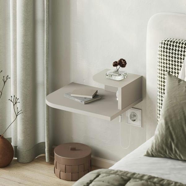 Decortie Floating Bedside Table Modern Corner Design Nightstand 30cm Wall-mounted w/ LED Lamp in 3-tones for Bedroom