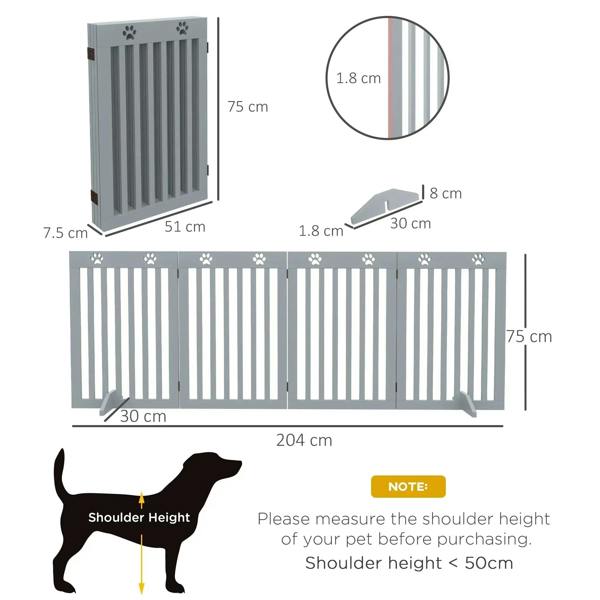 Grey wooden pet gate with vertical bars, paw panels, and 204 cm x 75 cm dimensions