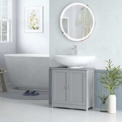 Wyld Haus Seseha Grey Under Sink Vanity Cupboard With Double Doors And Adjustable Shelving For Fauxdestal Or OFauxn Basin