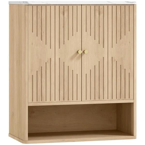 Light oak bathroom wall cabinet with adjustable shelf, slatted door, round knobs