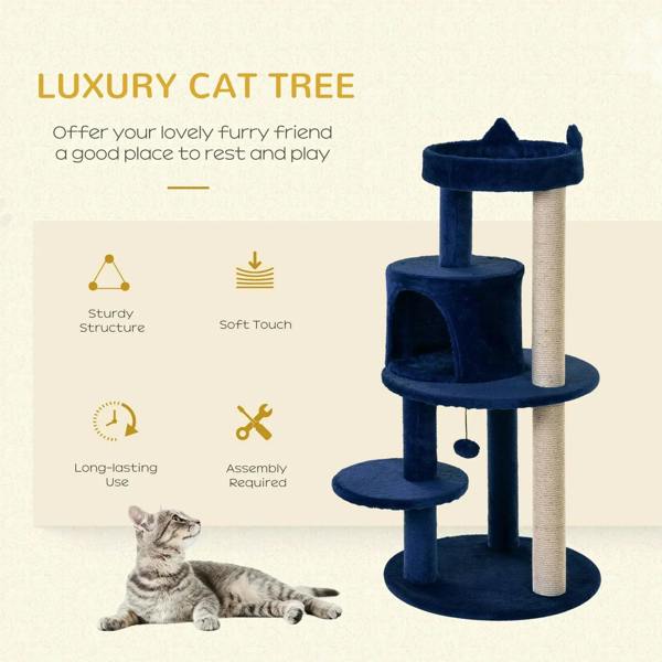 Blue plush cat tree with tall sisal posts, cushioned perches, and a round cubby