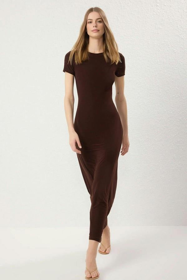 WOVCOR Fitted Crew Neck Stretch Knit Maxi Pencil Dress