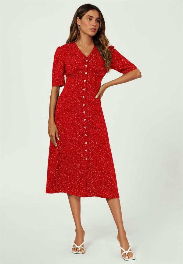 FS Collection Dot Print Button Front Midi Dress In Red