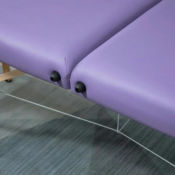 Purple padded massage bed end with corner leg mounts on wooden frame