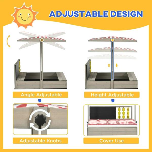 Grey wooden sandbox with adjustable canopy design and height/angle adjustment knobs