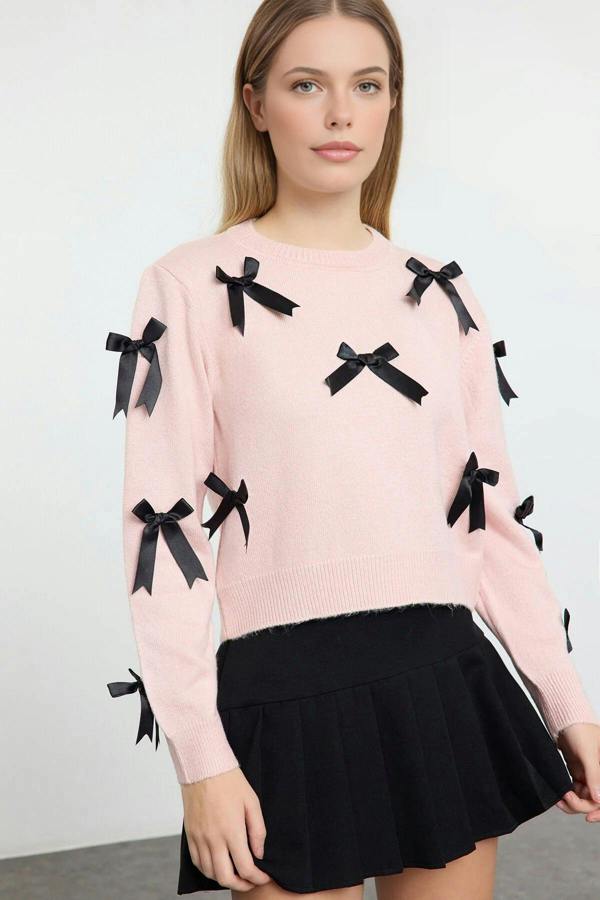 WOVCOR Soft Textured Knit Sweater with Bow Detail