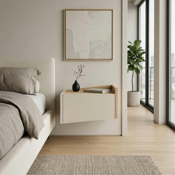 Decortie Diago Right Hand Wall Mounted Bedside Table 1 Drawer Oak Sandstone 40 x 25 x 22 cm (Oak and Sandstone)