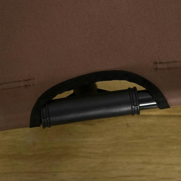 Brown pet cot corner strap and black support tube on the underside frame