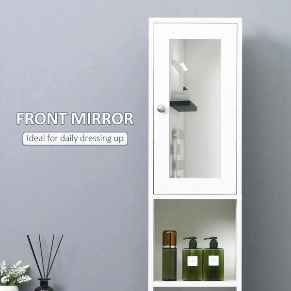 White tall bathroom cabinet with front mirror and open shelf storage with bottles