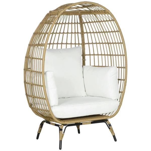 Front view of khaki rattan egg chair with white cushions and dark metal base feet
