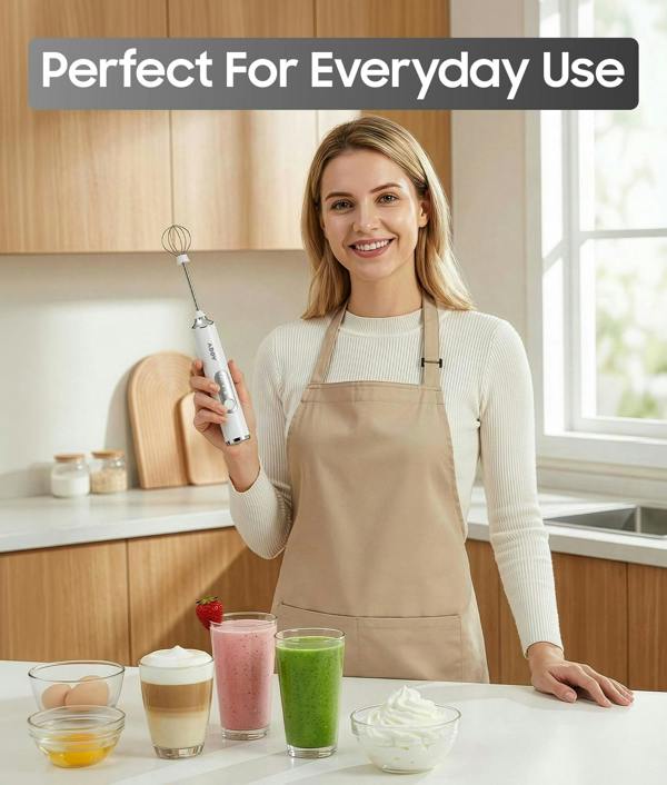 ADOV Rechargeable Handheld Milk Frother, 3-Speed Electric Coffee Whisk with 2 Heads for Latte, Cappuccino and Matcha