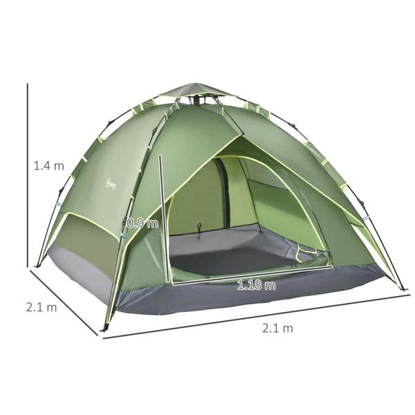 Green dome camping tent with open doorway, interior mesh panels, and gray base