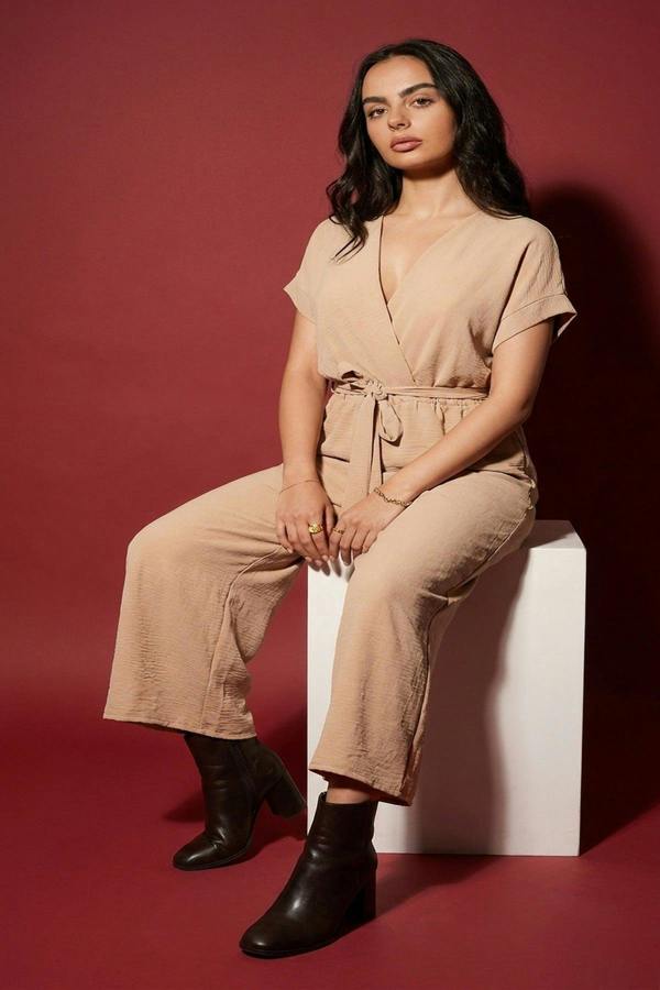 Nerina Wrap Short Sleeve Wide Leg Jumpsuit With Tie Waist - Mocha