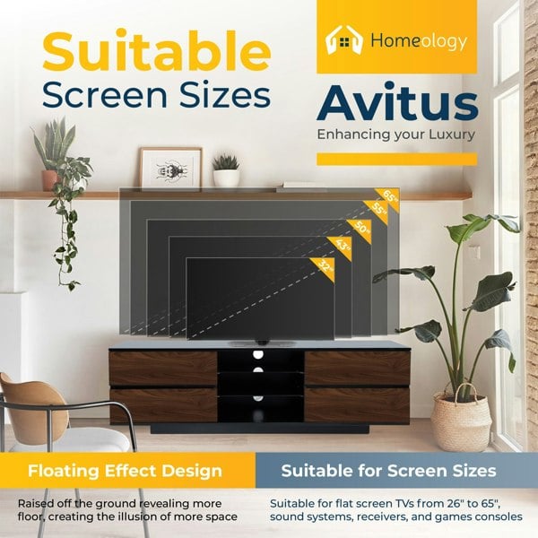 Homeology Avitus Premium High Gloss Black with 4-Walnut Drawers and 3-Shelf 32"-65" LED/OLED/LCD TV Cabinet