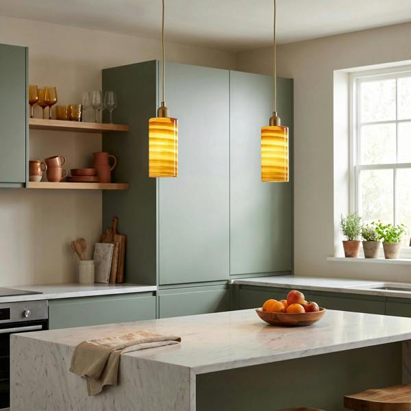Striped Amber Glass Cylinder Pendant Shade with Retro Inspired Look Image 6