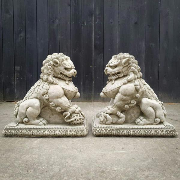SPA Stone Cast Pair of Chinese Oriental Foo Dogs Outdoor Decor