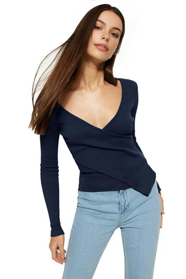 WOVCOR Double Breasted Collar Long Sleeve Ribbed Knit Blouse