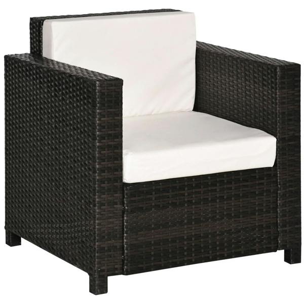 Rattan garden armchair with armrests, dark brown woven frame and thick white seat cushion