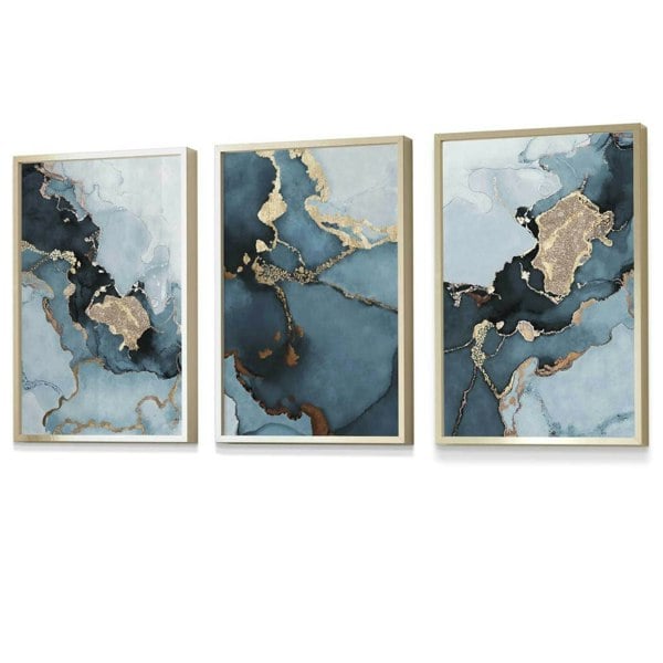 Set of 3 Abstract Teal Blue and Gold Framed Wall Art Prints | Artze Wall Art UK