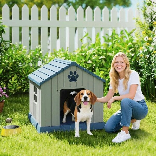 Dog Kennel Outdoor for Medium Dogs, Waterproof Plastic Dog House for Garden, Patio, 85 x 79 x 82 cm, Grey - Grey