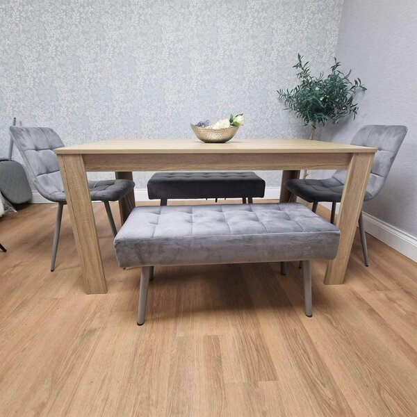 Kosy Koala Oak Effect Dining Table Set With 2 Grey Velvet Chairs And 2 Grey Benches Dining Room Furniture