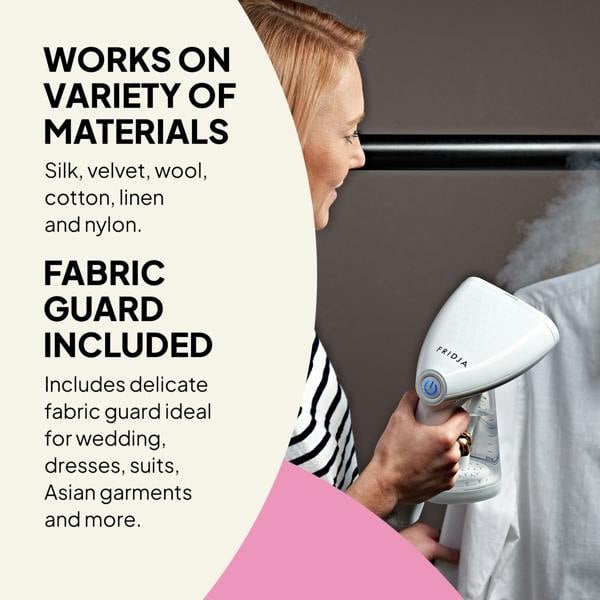 A person uses the Fridja Commercial Garment Care Trio – f1600 Steamer, f10 Handheld & f40 Fabric Shaver on a white shirt. Text highlights its multi-material use and fabric guard, perfect for commercial care and delicate clothes.
