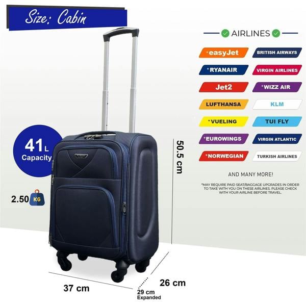 Infinity Luggage Expandable Soft Shell Cabin Suitcase 50.5 x 37 x 26 cm Luggage Suitable for Easyjet, Ryanair
