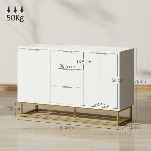Wyld Haus Luka White Sideboard 3 Drawers 2 Doors Chevron Design Gold Accents