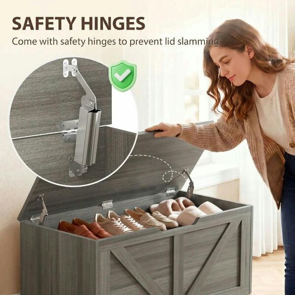 127L Home Storage Box, with Safety Hinges - Dark Grey Wood-Effect