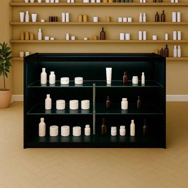 LED retail shop counter K1500 in black with glass shelves, displaying various skincare products against a warm-toned background