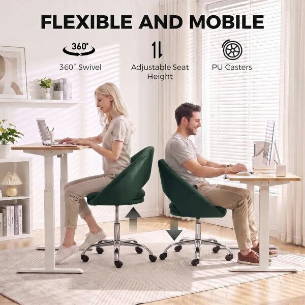 Velvet Desk Chair, Modern Office Chair with Height-Adjustable, Wheels, for Home Study Bedroom, Dark Green