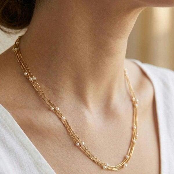 The Colourful Aura Gold Plated Triple Layer Pearl Station Box Chain Necklace 18 Inch
