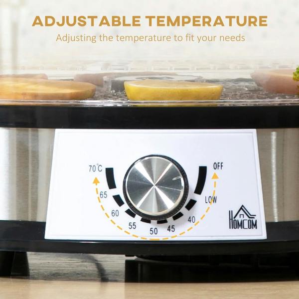 Food dehydrator temperature dial with adjustable settings on the front control panel