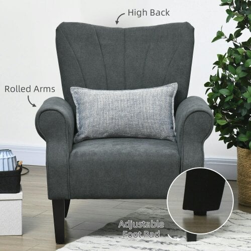 Wyld Haus Suri Mid Century Dark Grey Accent Armchair With Rolled Arms And Wooden Legs