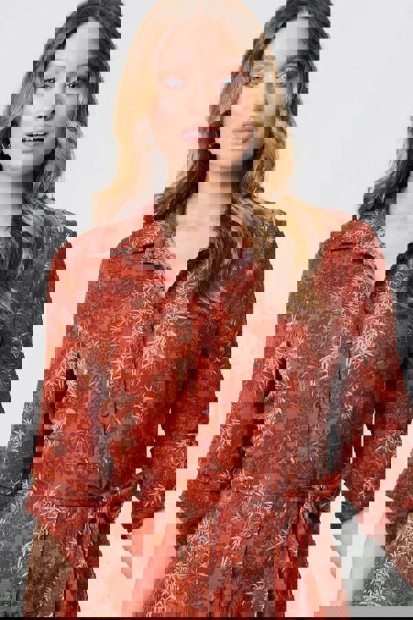 Orange | Leaf Print Tie Waist Midi Shirt Dress
