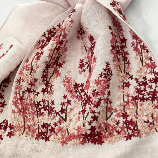 Hayley & Co Hand Embroidered 100% Linen Scarf in Light Pink Meadow Floral