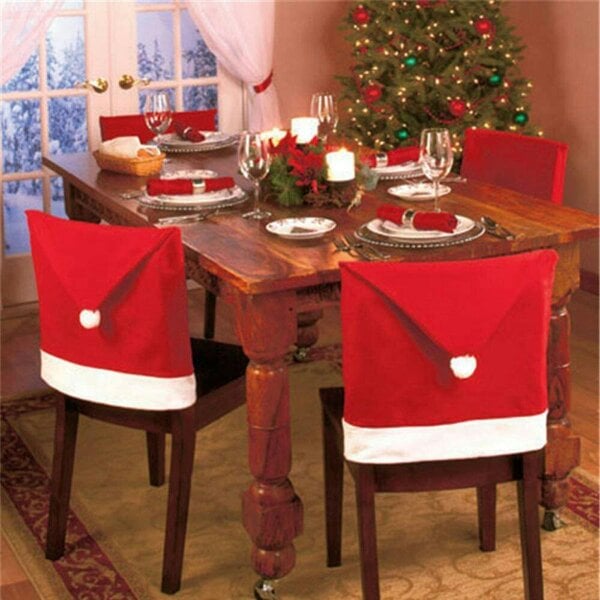 Shatchi 49cm Christmas Santa Hat Chair Covers, Red and White Felt Dining Seat Decorations, 100 Pack